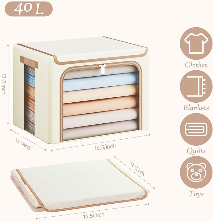 Yecaye Clothes Storage Bins with Lids & Clear Window, Beige, 40L, 3 Pack | Metal Frame, Foldable, Organizer Box Zippers & PU Leather Handles - Image 2