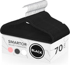 Black Velvet Hangers 70 Pack, Non Slip Felt Slim Hangers for Space Saving by Smartor