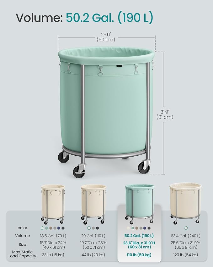 SONGMICS Laundry Basket, Rolling Steel Frame with 2 Locking Wheels, 190 L - Image 6