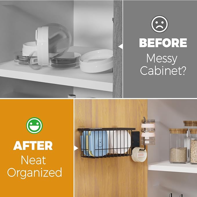 4 Pack Adhesive Cabinet Door Organizer - Tumbler Lid Organizer & Kitchen Storage baskets for Kitchen, Bathroom, Inside Cabinet Door Storage for Cup Lids, Spices, Small Supplies, Space-Saving (Black) - Image 7