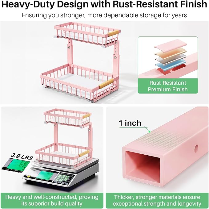 Kitstorack Under Sink Organizer, 2 Tier Under the Sink Storage, Slide out Pull out Cabinet Organizer Shelf, Metal Sliding Drawer for Kitchen Bathroom Pantry Closet Organization Rack, Pink, 1 Pack - Image 7