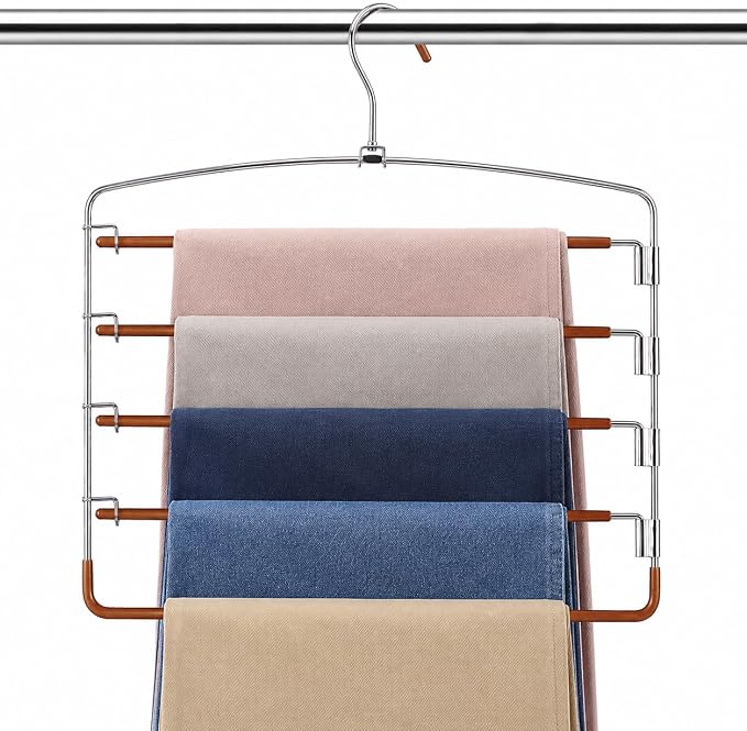 Pants Hangers Space Saving 3 Pack 5 Layer Swing Arm Hanger Brown by Feerahozer