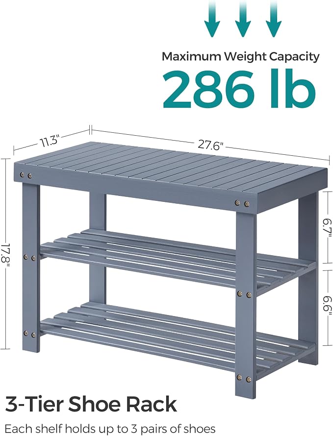 SONGMICS Shoe Rack Bench, 3-Tier Bamboo Entryway Bench, 27.6 Inches Width | Shoe Storage Organizer, Holds Up to 286.6 lb, Gray, BAMBOU Collection ULBS04GY - Image 7