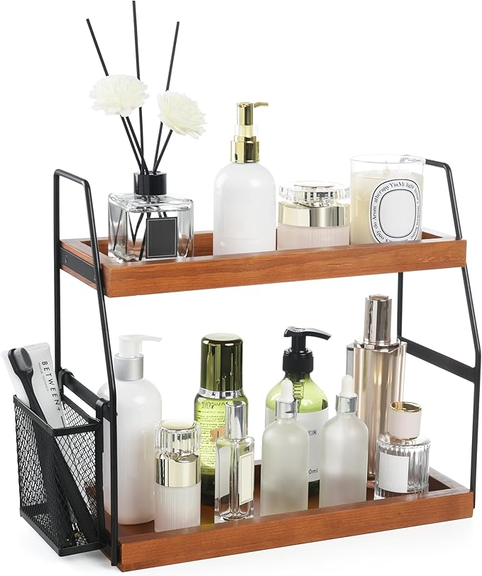 Bathroom Counter Organizer, 2-Tier Standing Storage Shelf with Basket, Wood Tray for Skincare Vanity Organizer(Brownish) by Uneviesyka