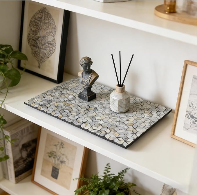 Rectangle Mother of Pearl Lazy Susan Turnable Organizer, 360 Degree Round Table Countertop Decorative Spinning Tray for Kitchen Cabinet Counter Spice Pantry Dinner Table (Grey Mosaic) - Image 2