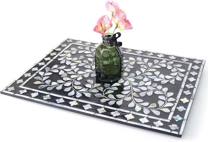 Rectangle Mother of Pearl Lazy Susan Turnable Organizer, 360 Degree Round Table Countertop Decorative Spinning Tray for Kitchen Cabinet Counter Spice Pantry Dinner Table (Black Wicker Butterfly) by Abyjifar
