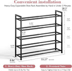Bumusty 5 Tier Expandable Shoe Rack for Closet, Black | 18"-33" Adjustable Shoe Rack for Entryway, Small Shoe Organizer for Dorm, Front Door, Sturdy Metal - Image 3