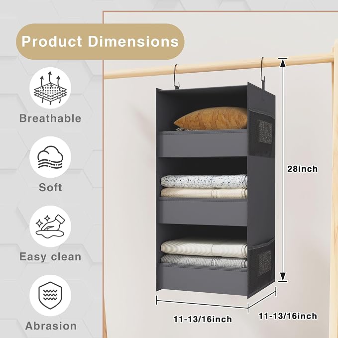 3-Shelf Hanging Closet Organizer, Washable Foldable Storage, Dark Gray | Front lip keeps items secure; side pockets add room; Oxford fabric handles towels, shirts, baby items, dorms, RVs or travel. - Image 3
