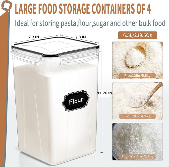 4pcs Large Tall Airtight Food Storage Containers with Lids - 6.5L / 5.9qt - Image 2