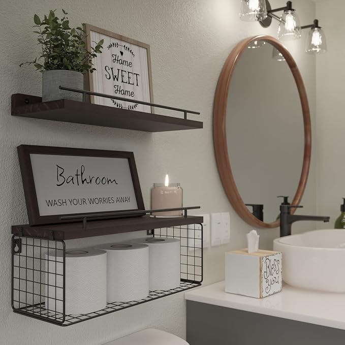 WOPITUES Floating Shelves for Bathroom Decor Art, Rustic Brown - Image 6