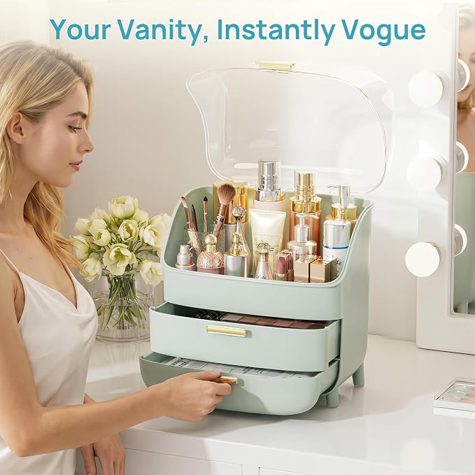 Vtopmart 3-Tier Skincare Makeup Organizer with Lid, Green - Image 6