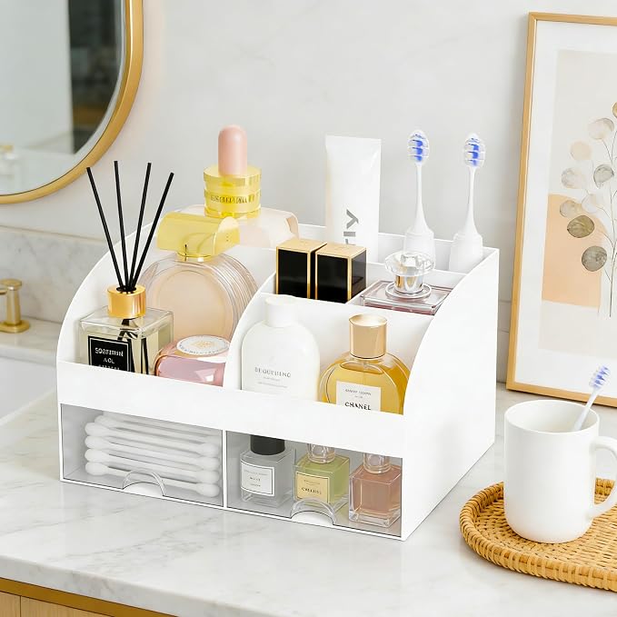 Makeup Organizer with 2 Drawers, Cosmetic Storage for Dresser Vanity and Bathroom Countertop,Make up organization and Skincare Storage with Beauty Brush Holder, Cosmetic Display Case 2Pcs White - Image 4