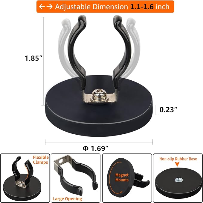 MUTUACTOR Universal Magnetic Mount Heavy Duty Hooks for Flashlight Holder,Anti-slipLarge Opening Durable Magnets Flexible Clamps for Garage Organize Garden Workshop Tools Storage,8PCS - Image 5