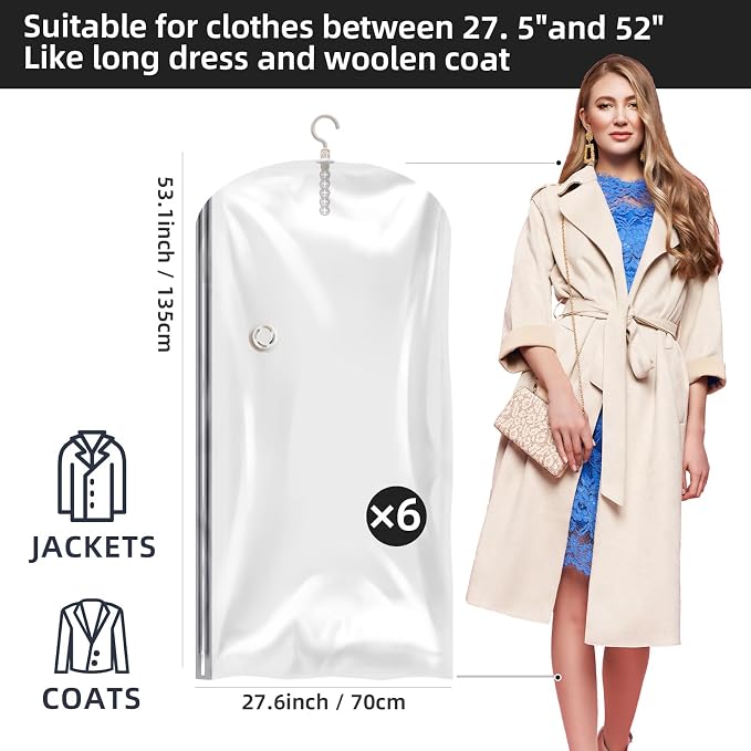 Hanging Vacuum Storage Bags, Space Saver for Clothing, 6 Long with Pump | Vacuum Seal Bags for Clothing with Electric Pump, Hanging Garment Storage for Jackets, Suit, Dresses, Winter Closet Organizer - Image 2