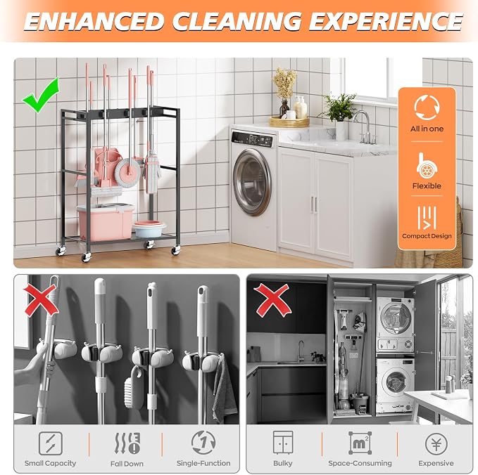 Broom and Mop Holder, MUNNAR Broom Closet Storage Cabinet, Cleaning Cart with Broom and Mop Hanger, Janitorial Cart with Wheels for Household, Laundry Room Organization - Image 6