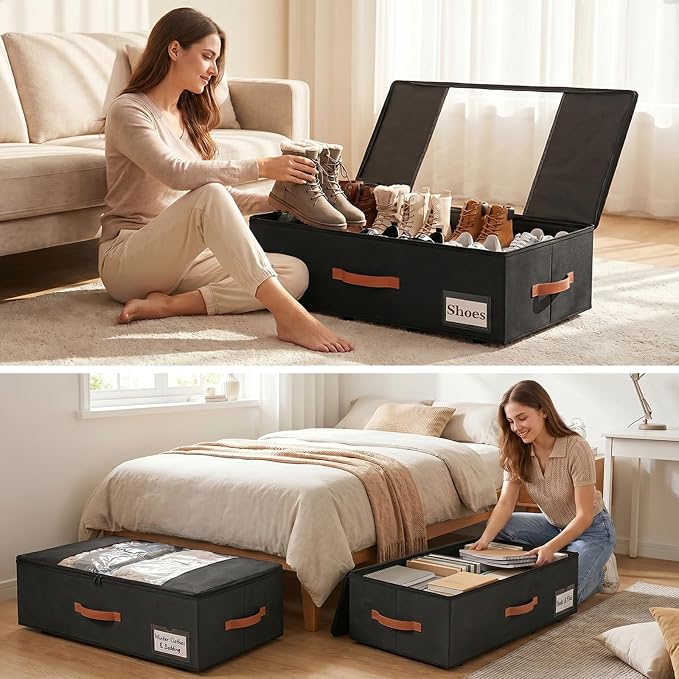 TOSKING 2-Pack Under Bed Storage Drawers with Wheels, 6 Vacuum Bags, 7.9" Height, Large 65L/80 lbs Clear Lid Rolling Bin, 900D Oxford, Space Saver for Dorm Bedroom, Blankets, Clothes, Shoes, Black - Image 3