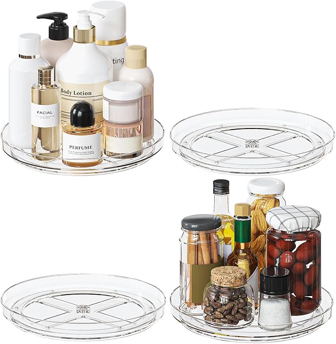 4 Pack 9 Inch Clear Lazy Susan Turntable Organizer, Non-Skid Rotating Tray for Cabinet, Kitchen Pantry Organization and Storage, Acrylic Spinner for Refrigerator, Bathroom Vanity and Spice Rack by Lulltou