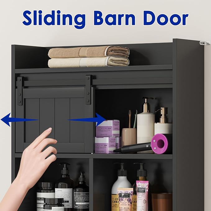 kepptory Over the Toilet Cabinet with Sliding Barn Door，Black - Image 3
