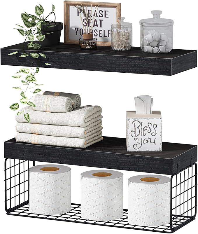 QEEIG Bathroom Shelves Over Toilet - Wall Mounted Floating Shelves Toilet Paper Storage Small Farmhouse Decor Shelf 16 inch Set of 2, Black (019-B2) by QEEIG