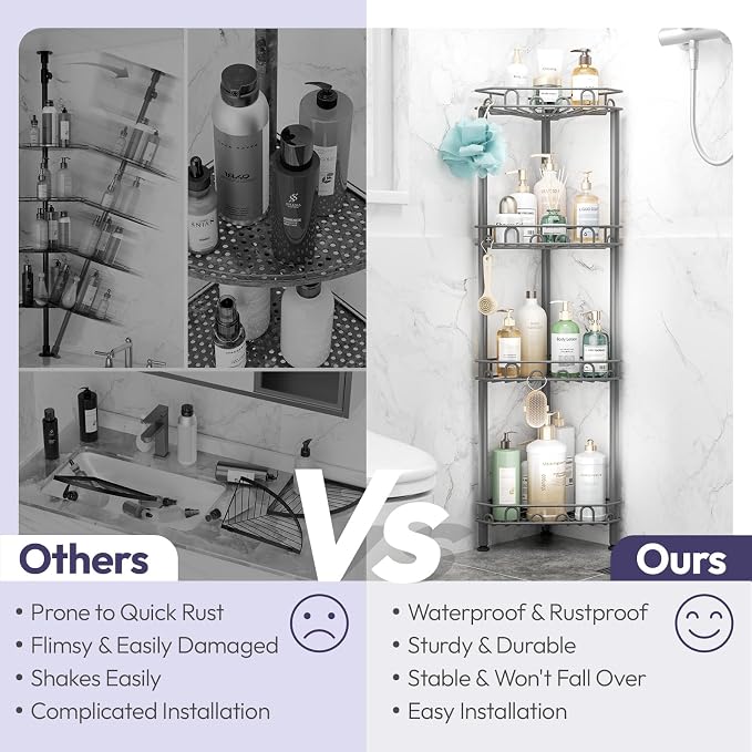 SWTYMIKI Standing Shower Caddy Corner - 4‑Tier Stainless Steel Shower Organizer Shelf with 12 Hooks and Adhesive Pads, Rustproof Corner Shelves Stand Rack for Bathroom Shower Room, Gray - Image 2