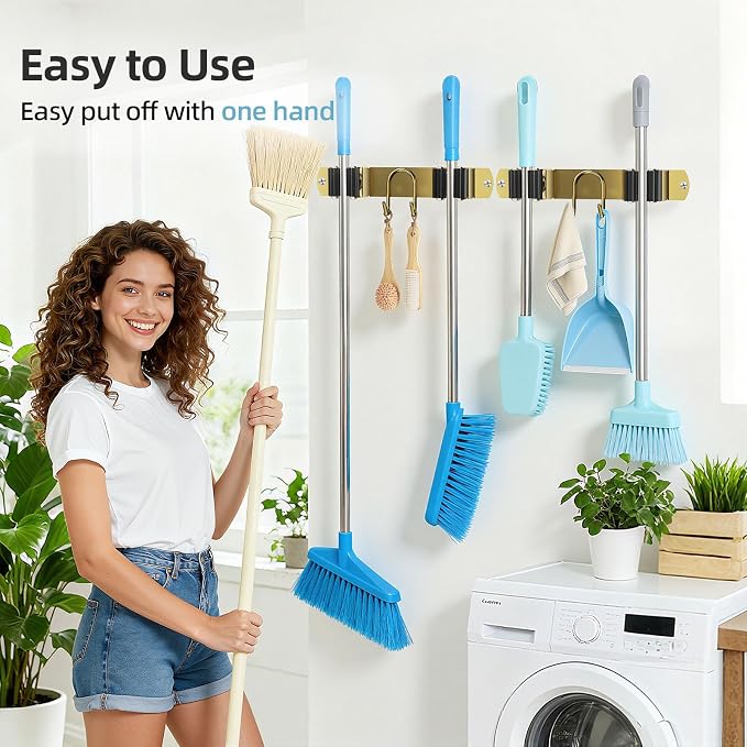 Broom Holder Wall Mount, 2-Pack Stainless Steel Mop and Broom Organizer, Broom Hanger with 2 Slots 2 Hooks for Home Kitchen, Garage, Garden and Laundry Room, Gold - Image 6