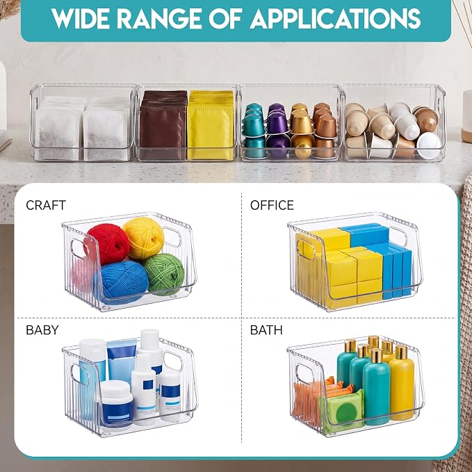 Novabright 4 Pcs Clear Plastic Storage Bins Stackable Pantry Storage Organizer Kitchen Cabinet Organizers Ideal Containers for Coffee Pod Tea Sugar Bag Office Fridge Caddy - Image 5