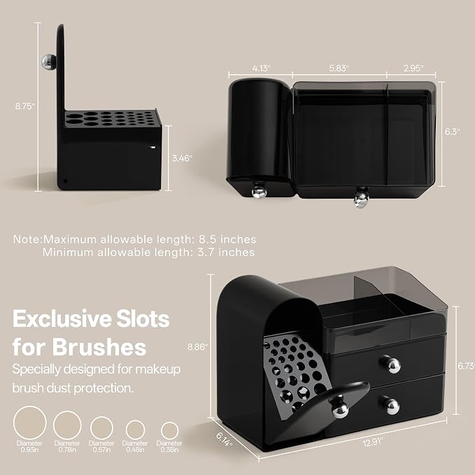 HBlife Makeup Organizer Countertop with Drawers, Cologne Organizer for Men, Vanity Organizers with Brush Holder, Bathroom Countertop Organizer Skin Care Storage, Gift for Dad Husband, Black Silver - Image 3