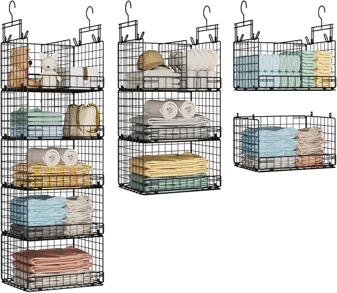 VyGrow 5 Tier Hanging Closet Organizer with Adjustable Dividers, Heavy-Duty Storage Shelves for Clothing, Kitchen, Laundry Room, Extra Large Baskets, 15.7" W x 11.8" D x 51" H, Black by VyGrow