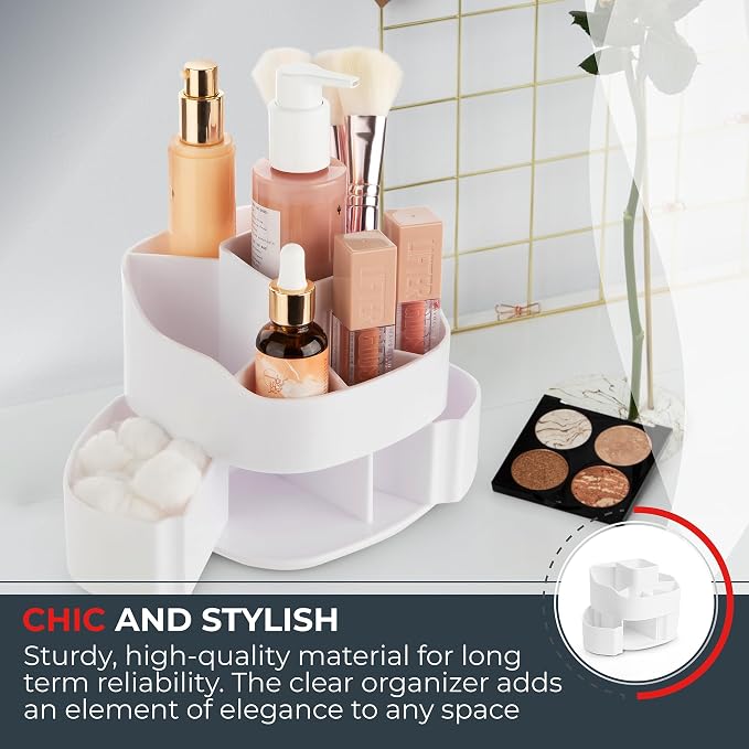 Masirs Small 360 Rotating Makeup Organizer, 5 Compartments, Square White - Image 4