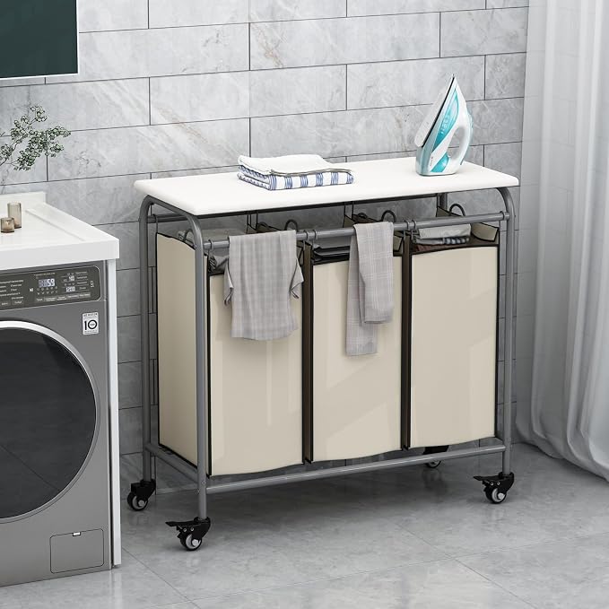 LINZINAR 3-Bag Laundry Hamper with Ironing Board, Beige 135L Laundry Sorter - Image 2