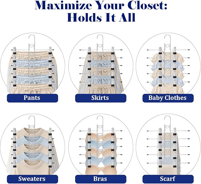 Pants & Skirt Hangers with Clips,4 Pack Space Saving Closet Organizer-5 Tiers Detachable Skirt Hangers with Adjustable Non-Slip Clips,Metal Multi-Layer Hangers for Jeans, Pants Skirts (4, Black) - Image 4