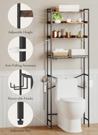 Quikraen 4 Tier Over The Toilet Storage Shelf with 3 Adjustable Shelves, Space Saver Bathroom Organizer with 4 Hooks, Freestanding Above Toilet Rack for Restroom Laundry (Brown) - Image 3
