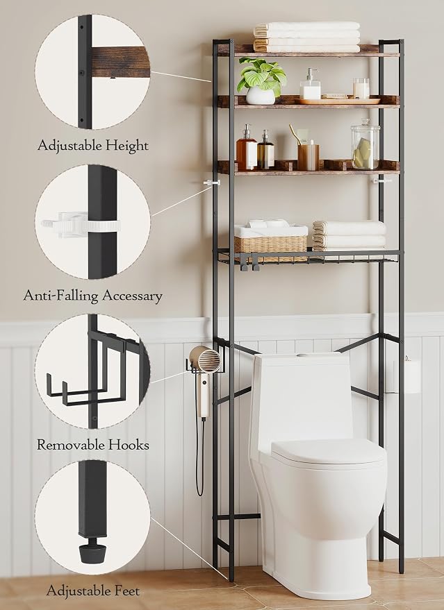 Quikraen 4 Tier Over The Toilet Storage Shelf with 3 Adjustable Shelves, Space Saver Bathroom Organizer with 4 Hooks, Freestanding Above Toilet Rack for Restroom Laundry (Brown) - Image 3