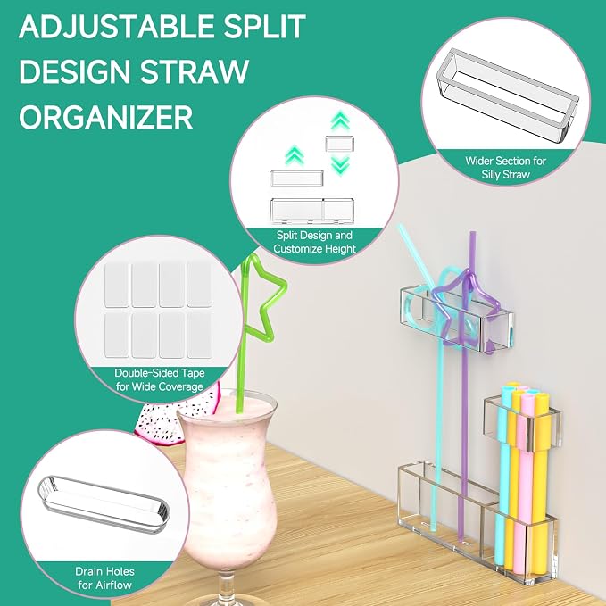Acrylic Straw Organizer for Cabinet Door - 5.8'' Transparent Adjustable 3-Part Reusable Drinking Straw Holder Dispenser Kitchen Accessories Container Cupboard Door Mounted - Image 4