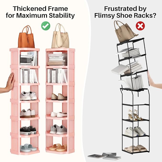 Kitstorack 8-Tier Vertical Plastic Shoe Rack, Freestanding Stackable Shoe Storage Organizer Cubes Shoe Shelf Tower or Small Closets and Tight Spaces, Pink - Image 6