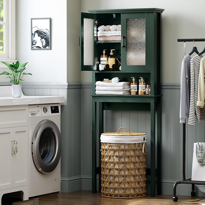 Over The Toilet Storage Cabinet, Over Toilet Storage with Glass Doors and Adjustable Shelf, Thicken Frame Above The Toilet Storage Cabinet Behind The Toilet Bathroom Organizer, Forest Green - Image 4