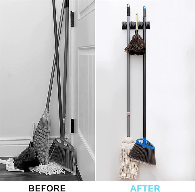 Broom and Mop Holder Wall Mount, Hooks Hanger for Mops and Broom, Organizer Kit with 3 Slots and 4 Hooks, Perfect for House, Bathroom, Laundry, Garden, Tool Room, Garage, Wall Mounted, Black - Image 2