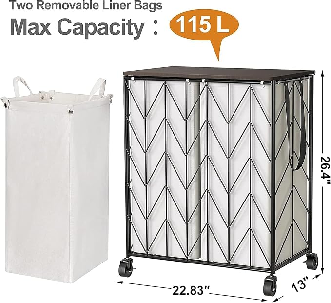 WOWLIVE Double Laundry Hamper with Lid, Rolling Laundry Basket with Wheels - Image 3