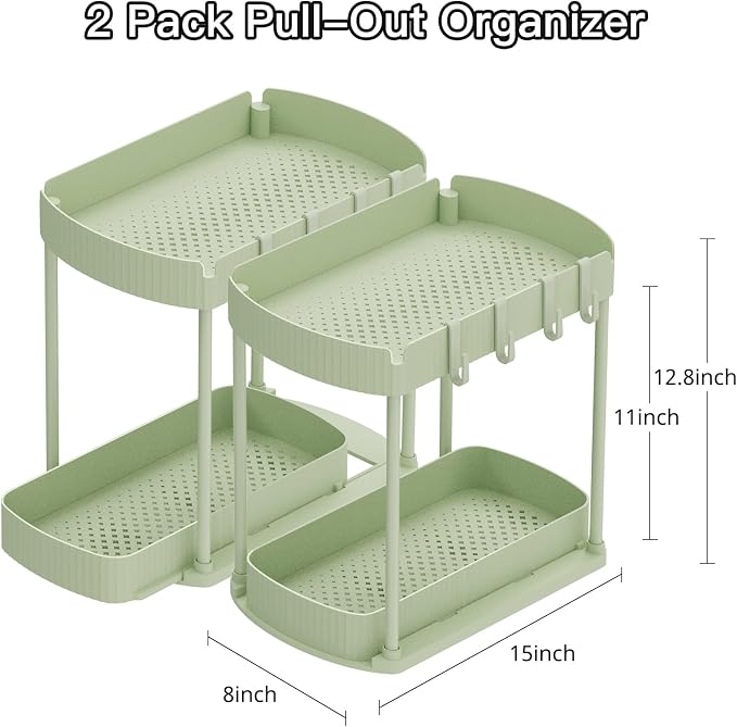 2 Packs Under Sink Pull-Out Storage Organizers, 12.8 Inches, Green - Image 2