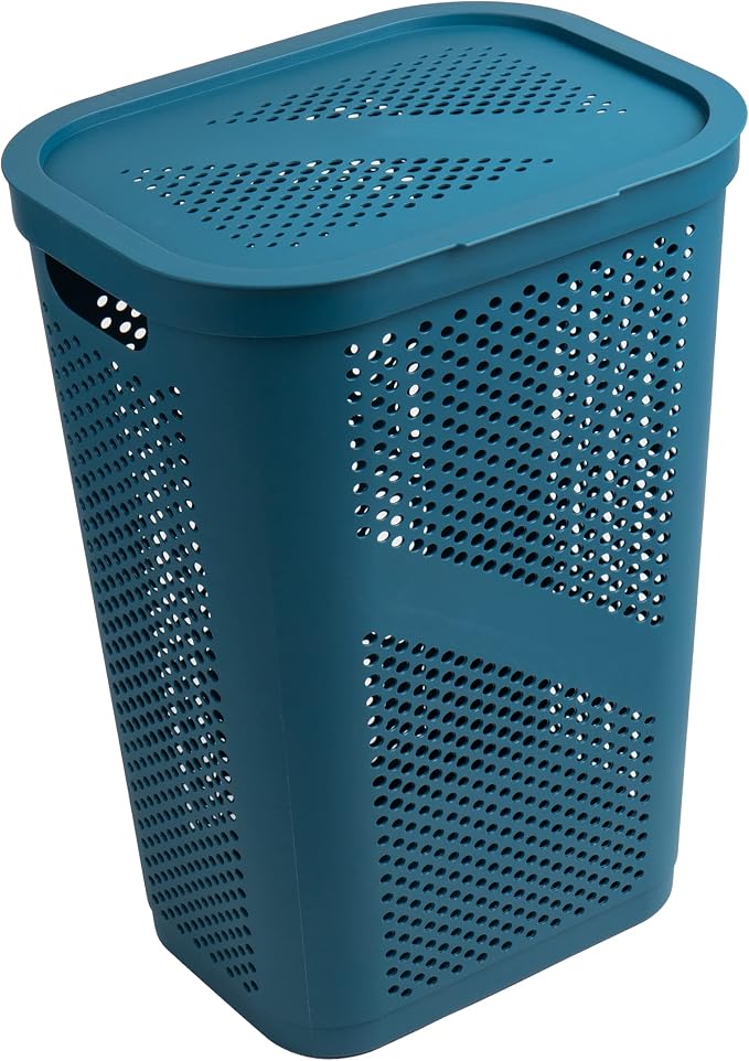 Mind Reader Slim Laundry Hamper with Lid, 60L Clothes Basket, Ventilated Plastic, Blue - Image 6