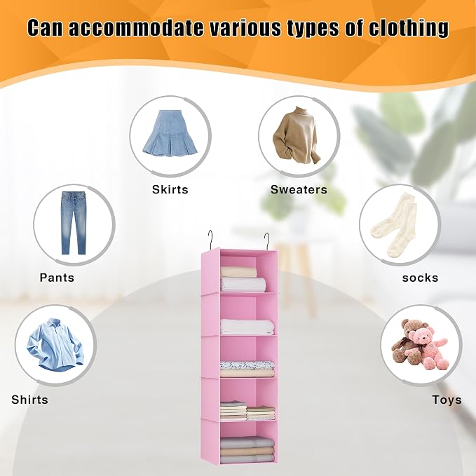 Hanging Closet Organizer 5-Shelf, Oxford Fabric Wardrobe Storage, Pink | Easy-mount foldable design holds clothes, handbags, shoes & accessories; washable Oxford fabric, sturdy and space-saving. - Image 8