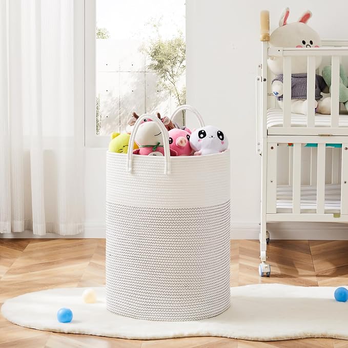 Laundry Basket,Woven Cotton Rope Laundry Hamper,Versatile Storage for Dirty Clothes,Baby Toys,and Blankets in Bathroom, Nursery,and Living Room (White, 100L) - Image 6