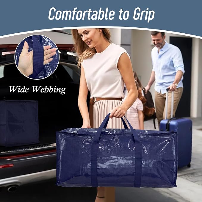 6 Pack Extra Heavy Duty Large Moving Bags with Strong Zipper, Dark Blue | Comfortable Handles, Sturdy & Durable Clothes Storage Bags Totes Bins, Blue Packing Moving Boxes for College Supplies - Image 6
