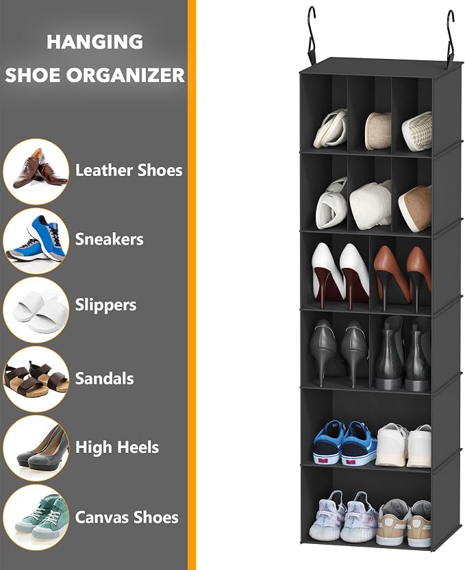 SpaceAid 2 Pack Hanging Closet Organizer and Storage with Dividers, 24 Compartments Hanging Shoe Shelves for Closet, Wardrobe, RV, Garment Rack - Black - Image 6