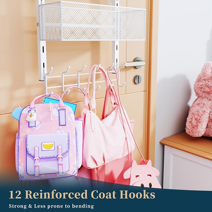 Consumest Over The Door Hooks Organizer - 4 Tier Door Coat Rack with 3 Baskets & 12 Hooks, Stainless Steel Towel Hanger for Bedroom, Bathroom, Living Room, White - Image 4