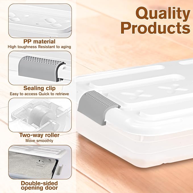 4 PCS*37 Qt Wheeled Latching Under Bed Storage, Stackable Bin with Latch Lid, Plastic Container to Organize Shoes Underbed, Clear with White Lid(White) - Image 3
