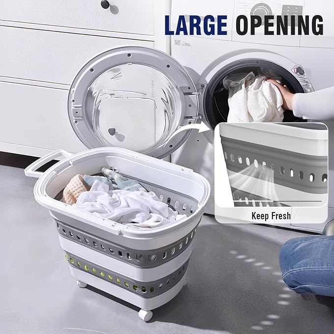 Collapsible Plastic Rolling Laundry Basket Hamper with Wheels, 45L Portable Rubber Clothes Basket, Pop Up Storage Container/Organizer for Washing & Storage, Grey - Image 2