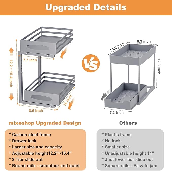Under Sink Organizer, 2 Tier Under Sink Organizers and Storage, Adjustable Height, Slide out Metal Cabinet Organizers, Pull out Cabinet Storage Drawer Shelf for Kitchen Bathroom (Gray, 2 Pack) - Image 5