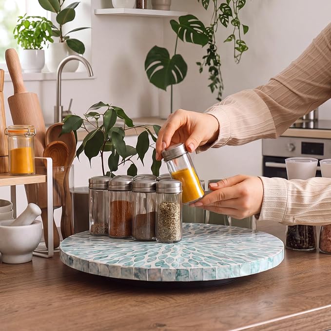 Reallnaive Mother of Pearl Lazy Susan for Table Turntable Organizer Marble Patterned Lazy Susan Wood Spinning Tray Rotating for Kitchen Cabinet Spice Pantry 12 Inch(Round,Blue Floral Petal) - Image 5