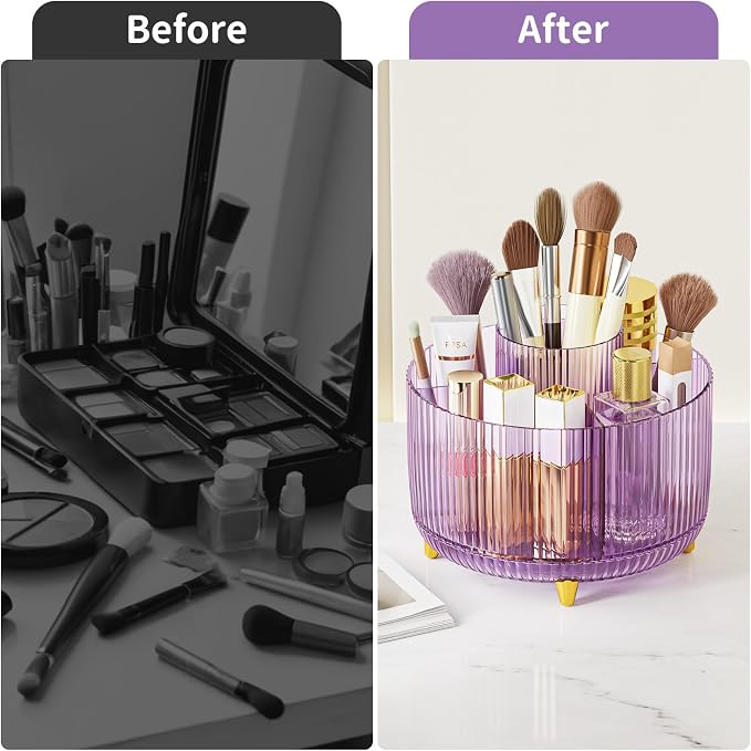 Clear Rotating Makeup Organizer Countertop for Vanity, 360° Makeup Brush Holder Organizer with 5 Compartments, Transparent Cosmetic Storage for Lipstick, Skincare, Bathroom Counter(Transparent Purple) - Image 6